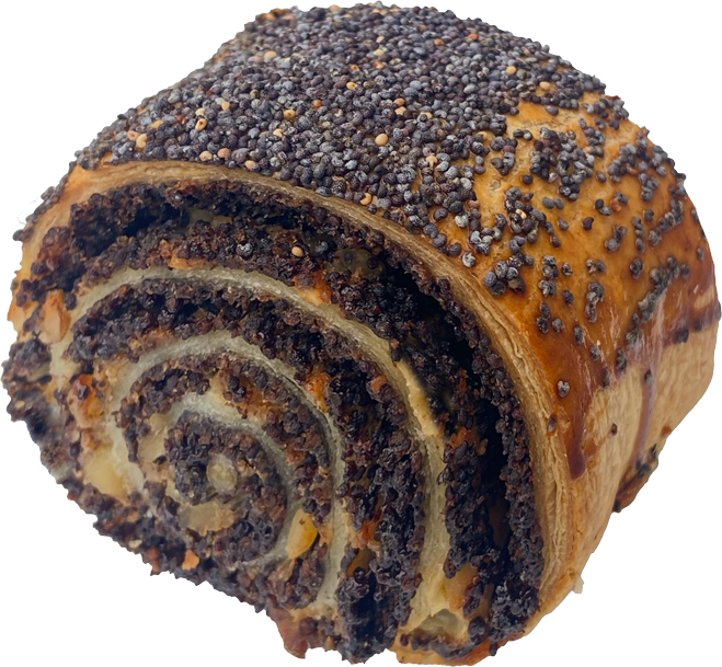 Poppy seed rugelach with a dark, seeded spiral